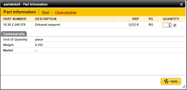 Apply button in part information